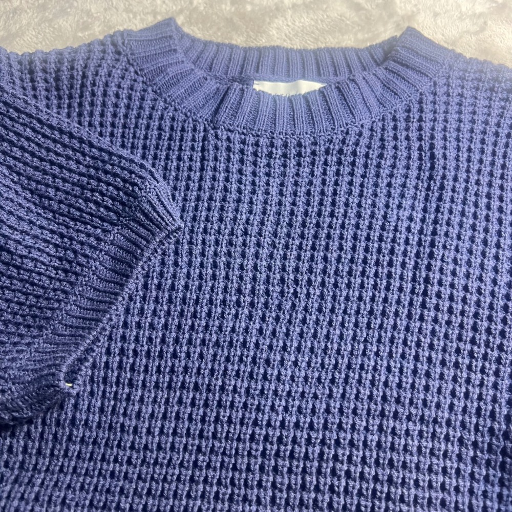 Entro Womens Large Short Sleeve Sweater Navy Blue Waffle Knit Puff Sleeve Button